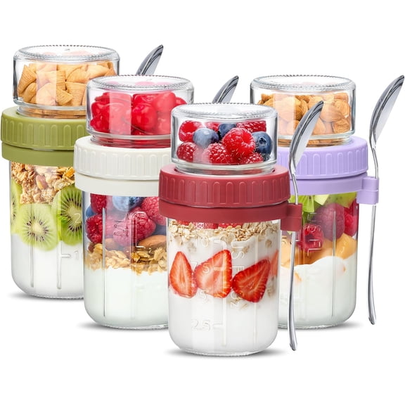 4 overnight oatmeal crisper 21 oz (16.5) with lid, double yogurt paffy cups with lid, meal preparation glass container, suitable for snacks, overnight oatmeal, yogurt
