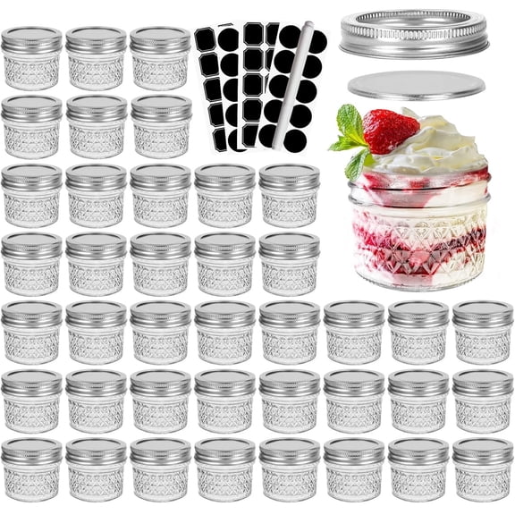 4 oz 100 ml Glass Mini Mason Jars with Silver Separable Air Tight Lids, Wide Mouth, Pen, Black Labels, 24 Count