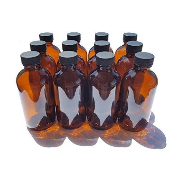4 oz Amber Glass Boston Round Bottles With Black Ribbed Cap - 12 Pack