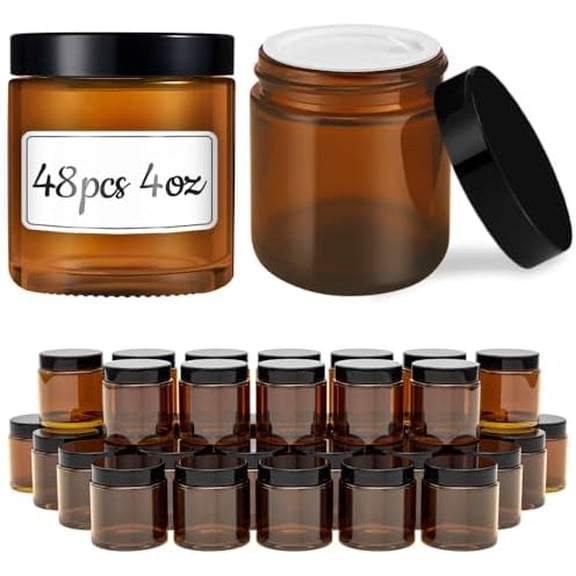 4 oz Amber Glass Jar with Lids, 48 Pack Small Candle Jars with Lids & Sticker, Empty Cosmetic Containers for Sample, Cream, Spice, Lotion, Ointments Drying jar