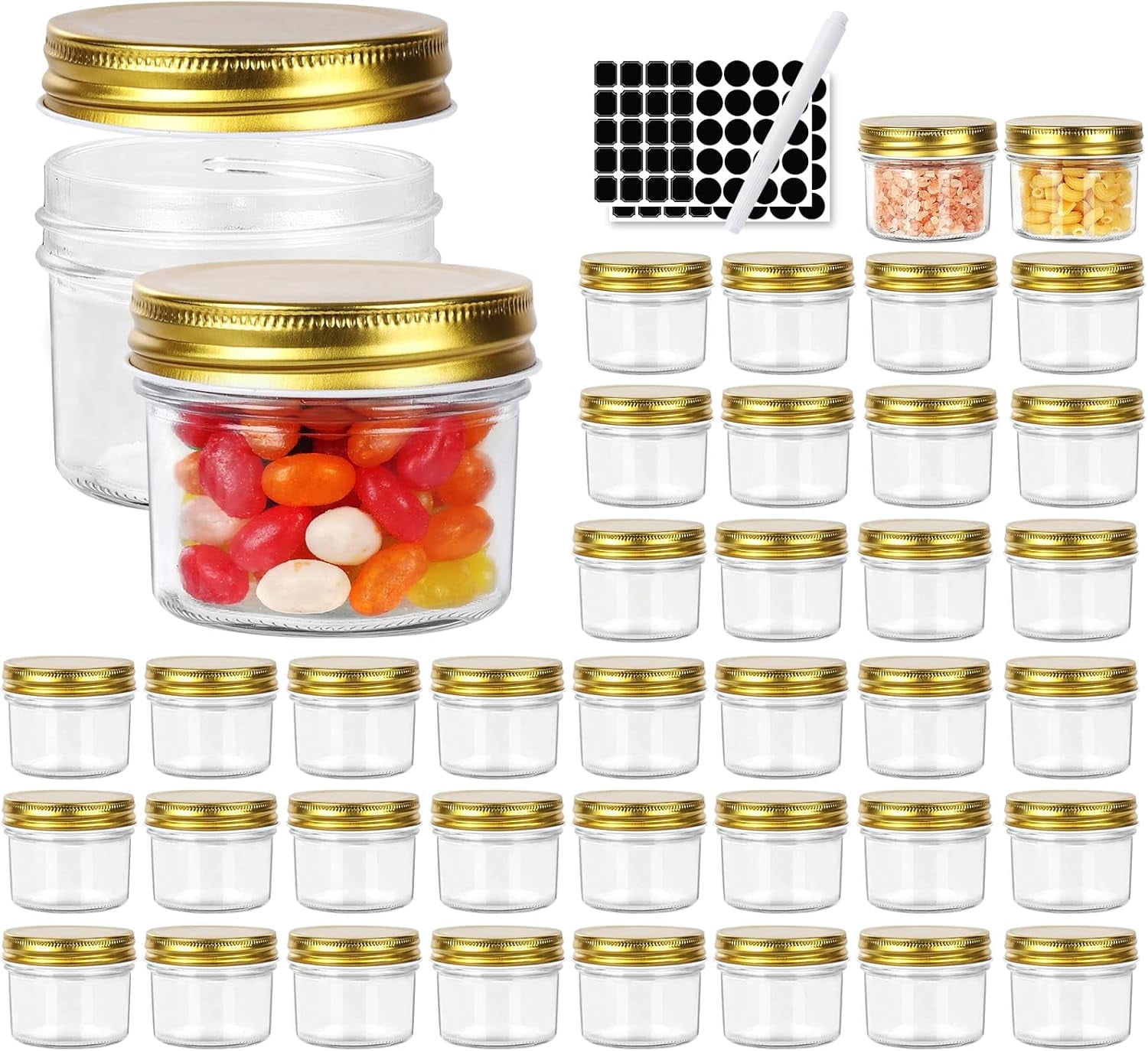 4 oz Clear Glass Jars with Metal Golden Lids, Pack of 40, 100ml Round ...