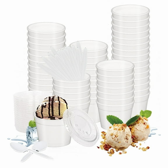 Styrofoam Cups with Lids and Spoons, 4 oz, White, 300 Count, 100 Pack, Foam Bowls for Hot Cold Foods and Beverage
