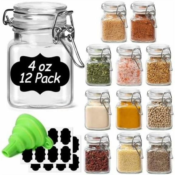 4 oz Glass Jars with Lid, Set of 12 Mini Airtight Glass Jars, Spice Jars, Small Mason Jar, Canning Jar Square with Seal Wire Clip Fastening, Labels & Funnels for Jam, Honey, Kitchen, Wedding