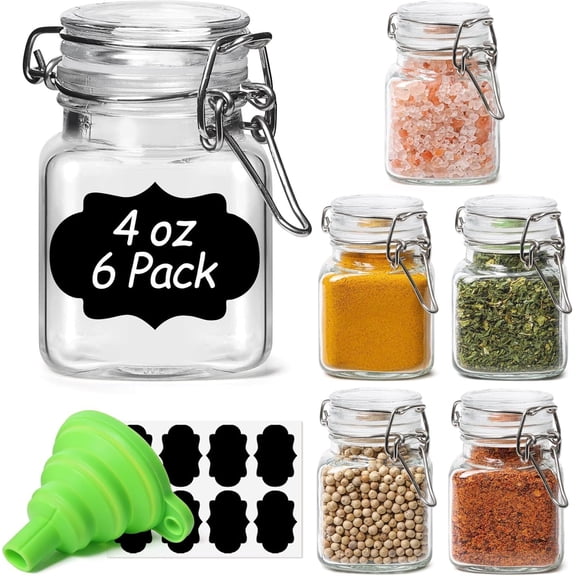 Airtight Glass Canister Set of 6, 4oz Square Food Storage Jars for Spices, Herbs, Tea, Seasoning – Durable, Transparent, Stackable with Lids