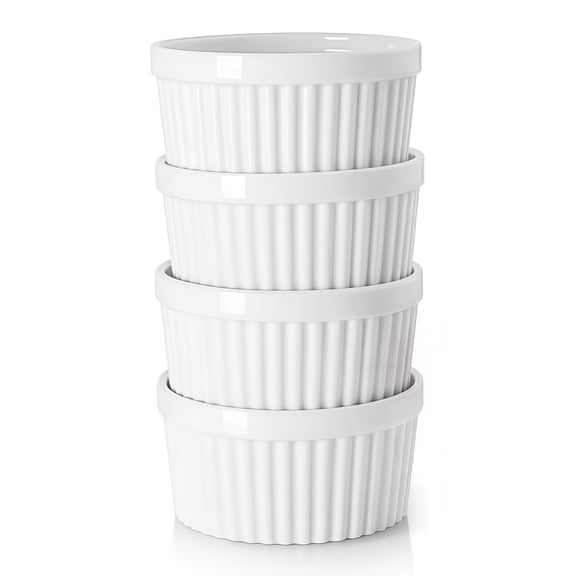 4 oz Oven Safe for Creme Brulee Souffle, Porcelain Custard Cups , Classic Style Ramekins Bowls, Set of 4, White
