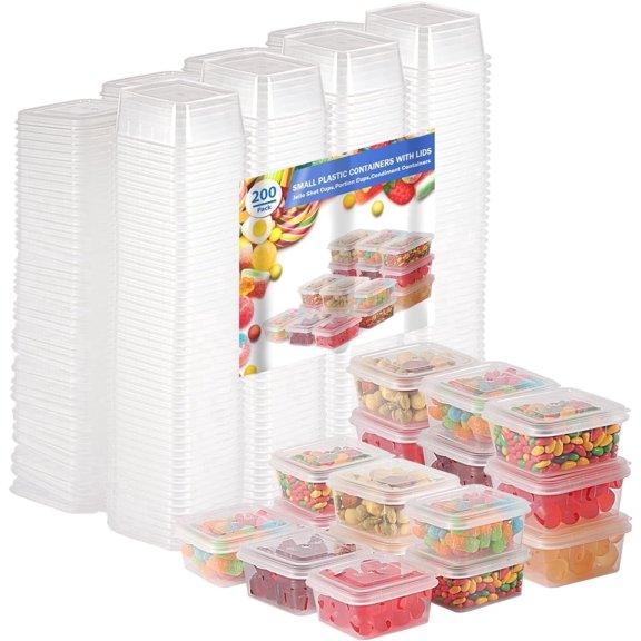 RIKICACA Leak Resistant Disposable Plastic Containers with Lids, 4 oz, Clear, 200 Count, Square Condiment Containers, Portion Cups, Jello Shot Souffle Sauce Cups