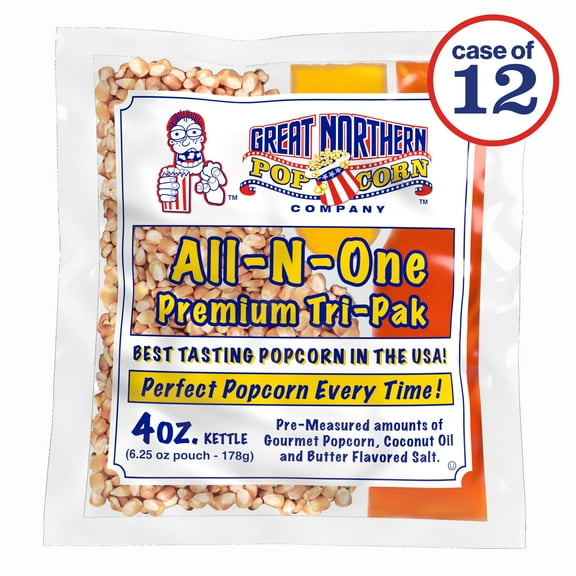 4 oz Popcorn Packs  Pre-Measured, Movie Theater Style, All-in-One Kernel, Salt, Oil Packets for Popcorn Machines by Great Northern Popcorn (12 Case)