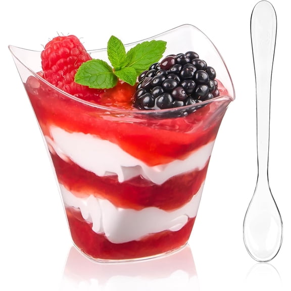 4 oz Triangular Mini Dessert Cups with Spoons, 50 Pack Plastic Reusable Appetizer Shooter Cups for Pudding, Fruit, Yogurt, Parfait, Ice Cream, Party, and Catering Use