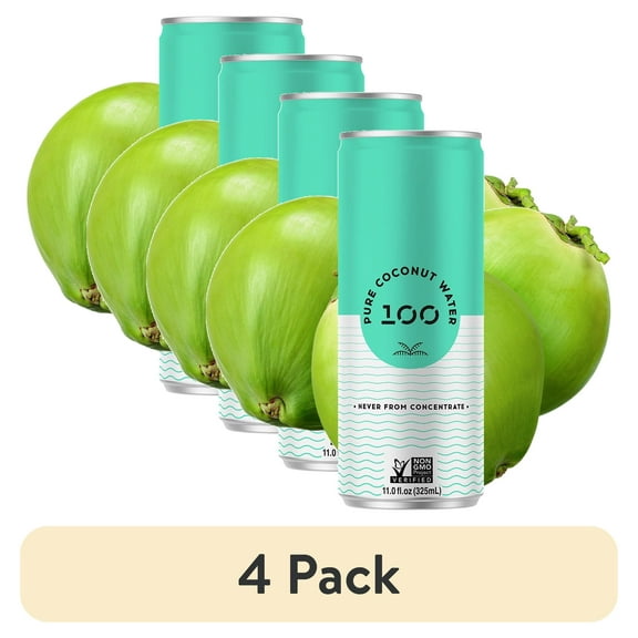 (4 pack) 100 Coconuts Pure Coconut Water, Liquid Hydration, 11 fl oz Can