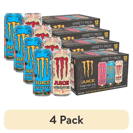 (4 pack) Juice Monster Variety Pack PPMLPP, Juice + Energy Drink, 12 Pack - 16 Fl Oz