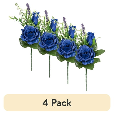 (4 pack) 12-inch Artificial Silk Blue Roses Mixed Flower Pick, for Indoor Use, by Mainstays