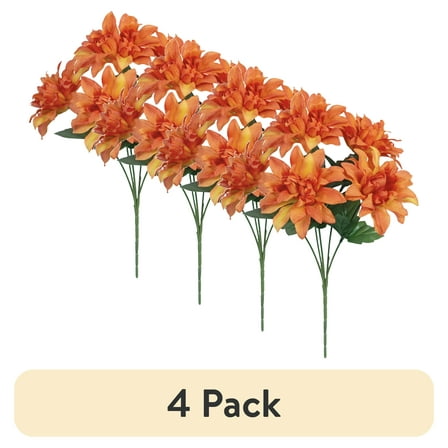 (4 pack) 13-inch Artificial Silk Orange Dahlia Flower Pick, 5 flower heads, for Indoor Use, by Mainstays