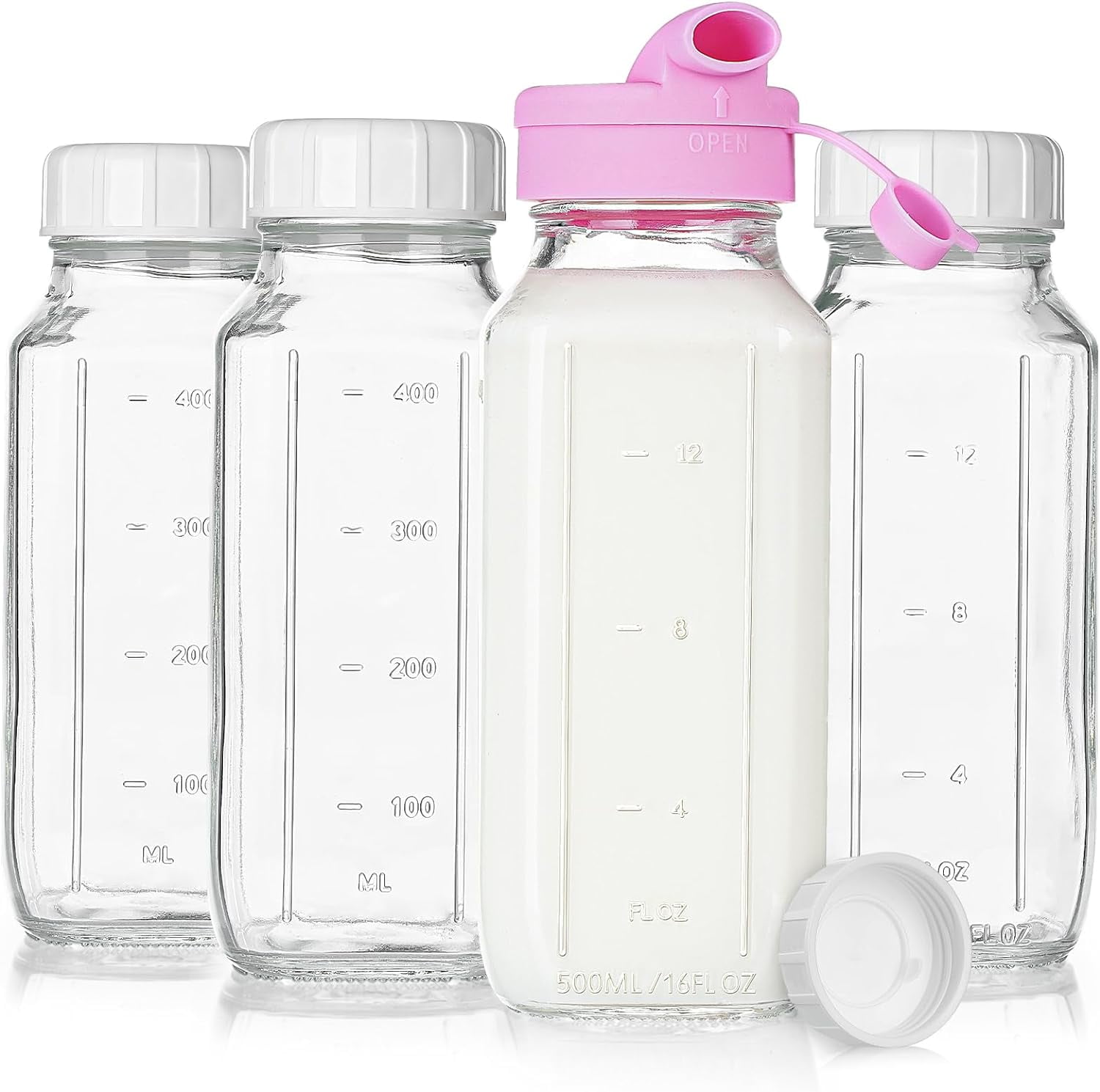 4-pack of 16 oz square glass baby bottles with silicone dispensing caps; glass juice bottles with screw caps; reusable with graduated markings; breast milk storage containers.
