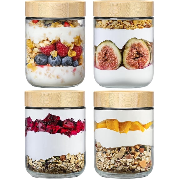 4-pack 16oz Glass jars with Airtight Lids, Overnight Oats Containers Bamboo Wide mouth Mason Salad jars, Food Storage for Snacks Yogurt Spice Sugar