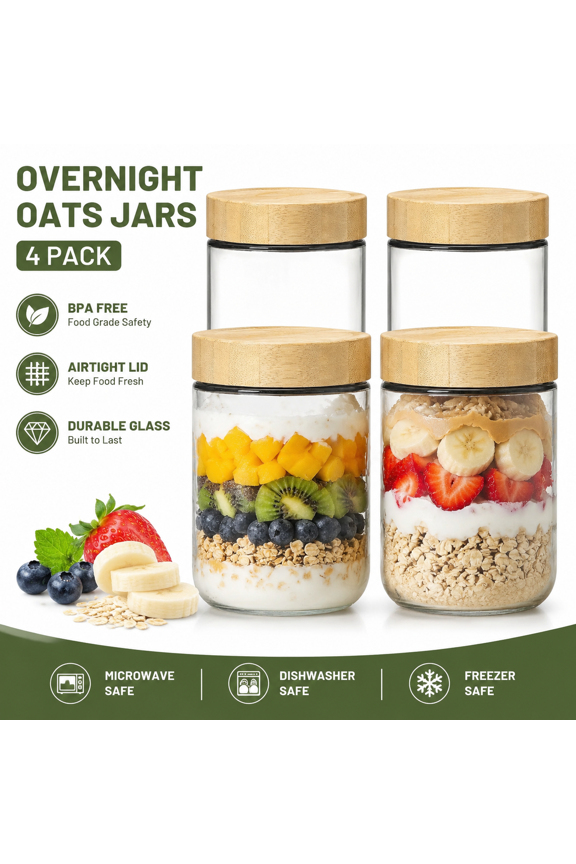 4-pack 16oz Glass jars with Airtight Lids, Overnight Oats Containers with Bamboo Lids, Wide mouth Salad jars, Glass Food Storage Containers for Snacks Yogurt Spice Sugar