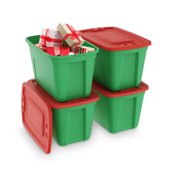 4 pack 18 Gallon Christmas Storage Bins with Lids, Stackable Totes, Plastic Storage Containers, Garage Organization, 18-Gallon (72-Quart) - Green/Red