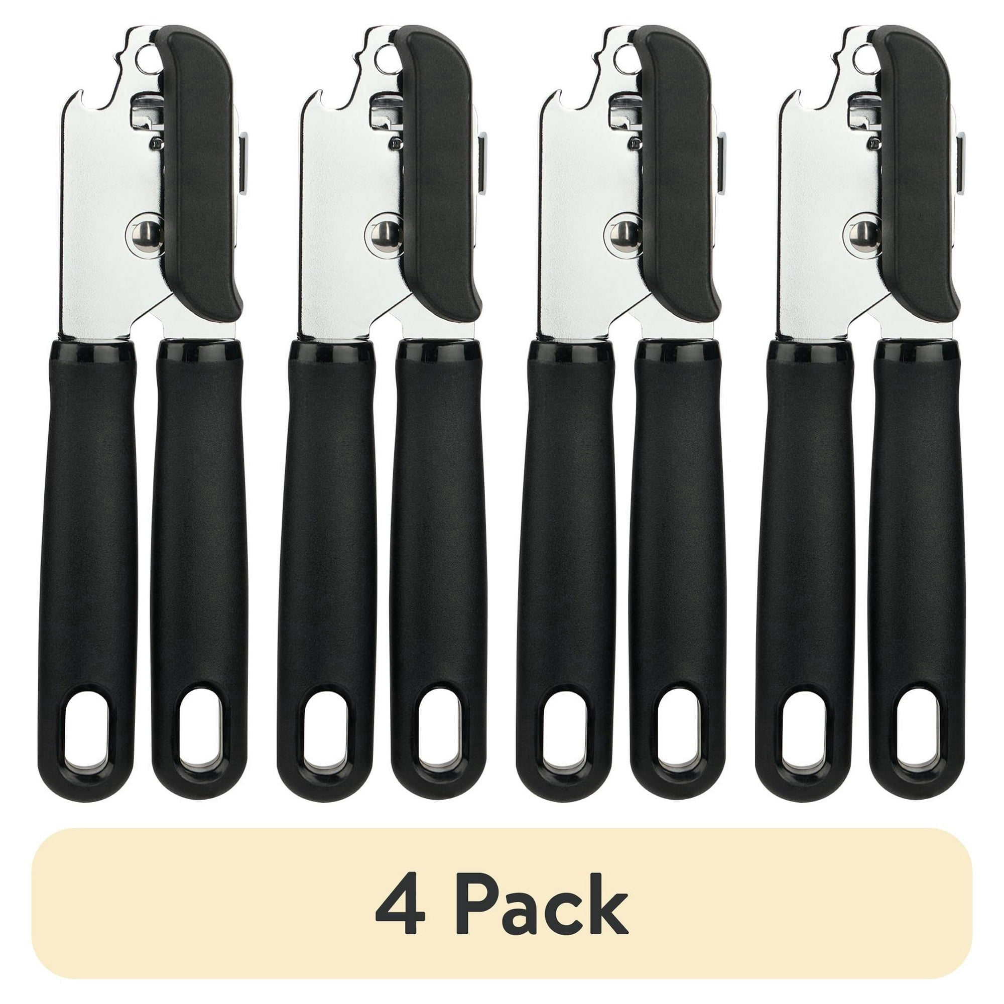 (4 pack)  2 Ply Manual Can Opener with Integrated Bottle Opener, Black