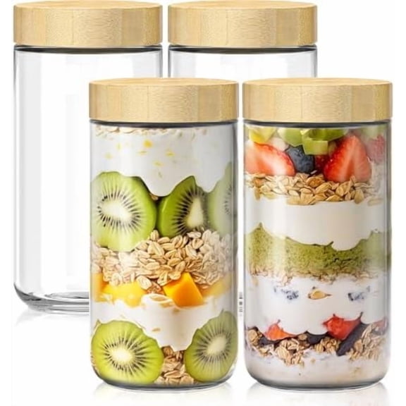 4 pack 24oz Overnight Oats Containers with Bamboo Lids, Glass Jars with Airtight Lids for Meal Prep, Wide Mouth Mason Salad Jars, Glass Food Storage Container for Yogurt Chia Snacks Spice Sugar