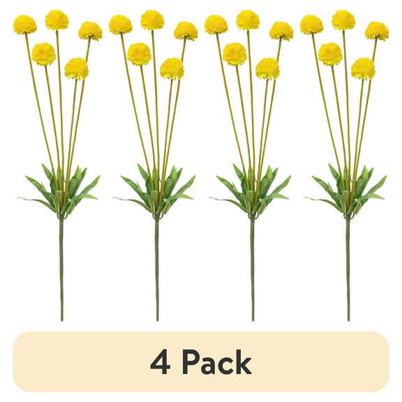 (4 pack) 26-inch Artificial Silk Yellow 5 Heads Ball Mum Long Stem, for Indoor Use, by Mainstays