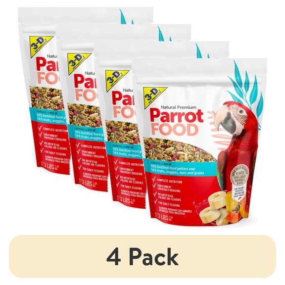 (4 pack) 3-D Pet Products Natural Premium Parrot Food, with Fortified Pellets, 3 lbs