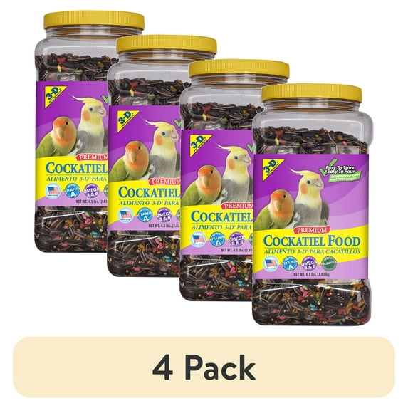 (4 pack) 3-D Pet Products Premium Cockatiel Bird Food Seeds, with Probiotics, 4.5 lb. Stay Fresh Jar