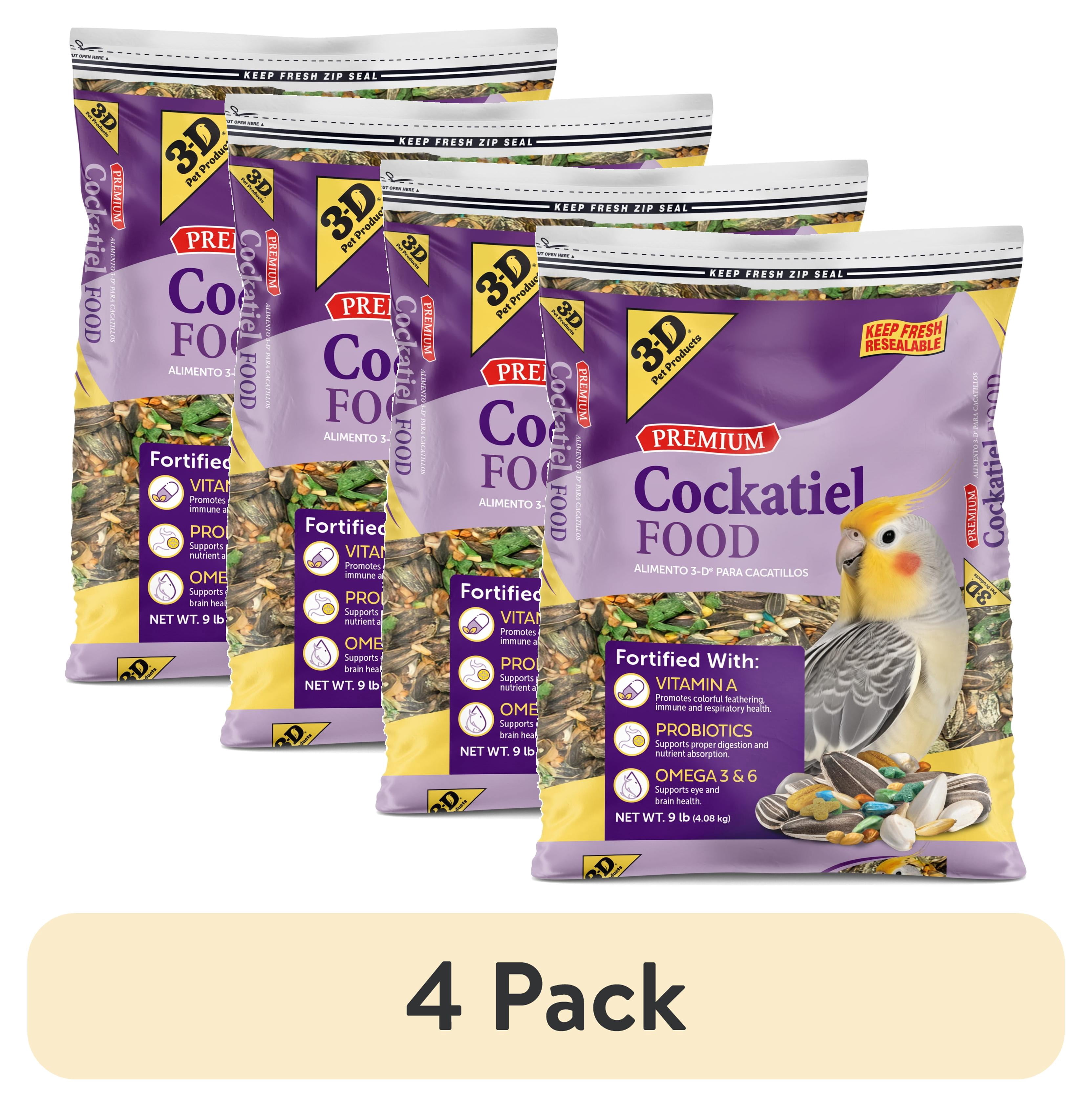 (4 pack) 3-D Pet Products Premium Cockatiel Mix Bird Food Seeds, with Probiotics, 9 lb. Bag