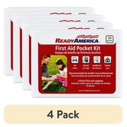 4 pack 33 Piece First Aid Pocket Kit, Ready America, approximate kit dimensions 3.75 in. x 4.75 in. x .50 in.