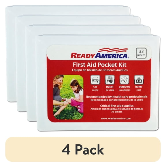 (4 pack) 33 Piece First Aid Pocket Kit, Ready America, approximate kit dimensions: 3.75 in. x 4.75 in. x .50 in.