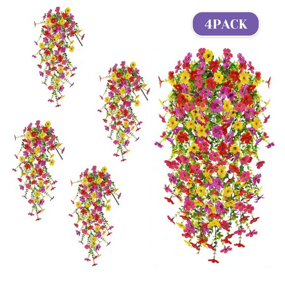 4 pack 4 Color Hanging Silk Flowers Multi-Color Artificial Plants Detachable Stems Realistic Faux Blooms for Patio Porch Decor