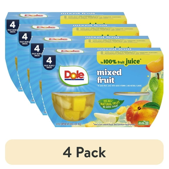 (4 pack) (4 Cups) Dole Fruit Bowls Mixed Fruit in 100% Fruit Juice, 4 oz