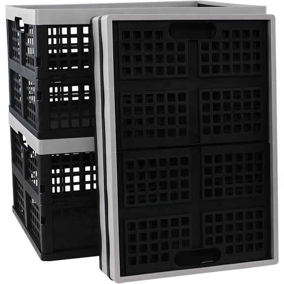 4-pack 42 Liter Collapsible Crates, Large Plastic Folding Storage Crates Bins