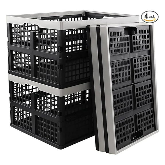 4-pack 42 Liter Collapsible Storage Crates, Large Plastic Folding Crate Basket