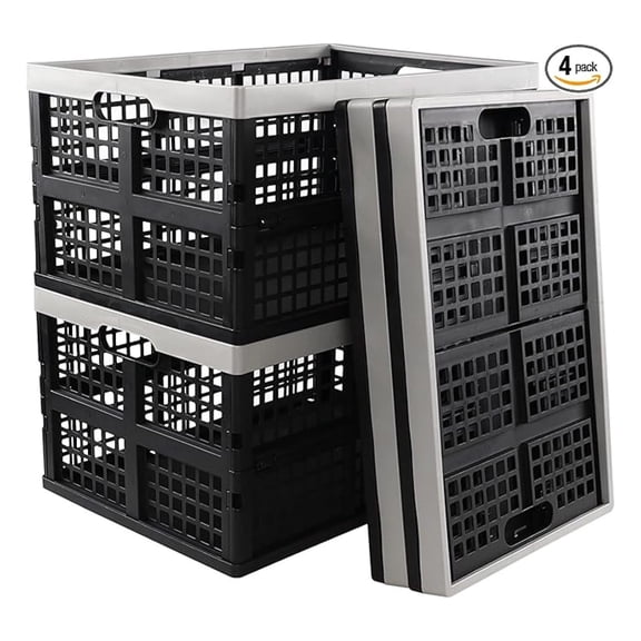 4-pack 42 Liter Collapsible Storage Crates, Large Plastic Folding Crate Basket