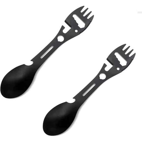 4 pack 5 in 1 Stainless Steel Camping, Spoon Fork Knife Combo with Bottle Can Opener, Multifunctional Travel Utensil for Outdoor Backpacking, Hiking, Hunting, Fishing (Black)