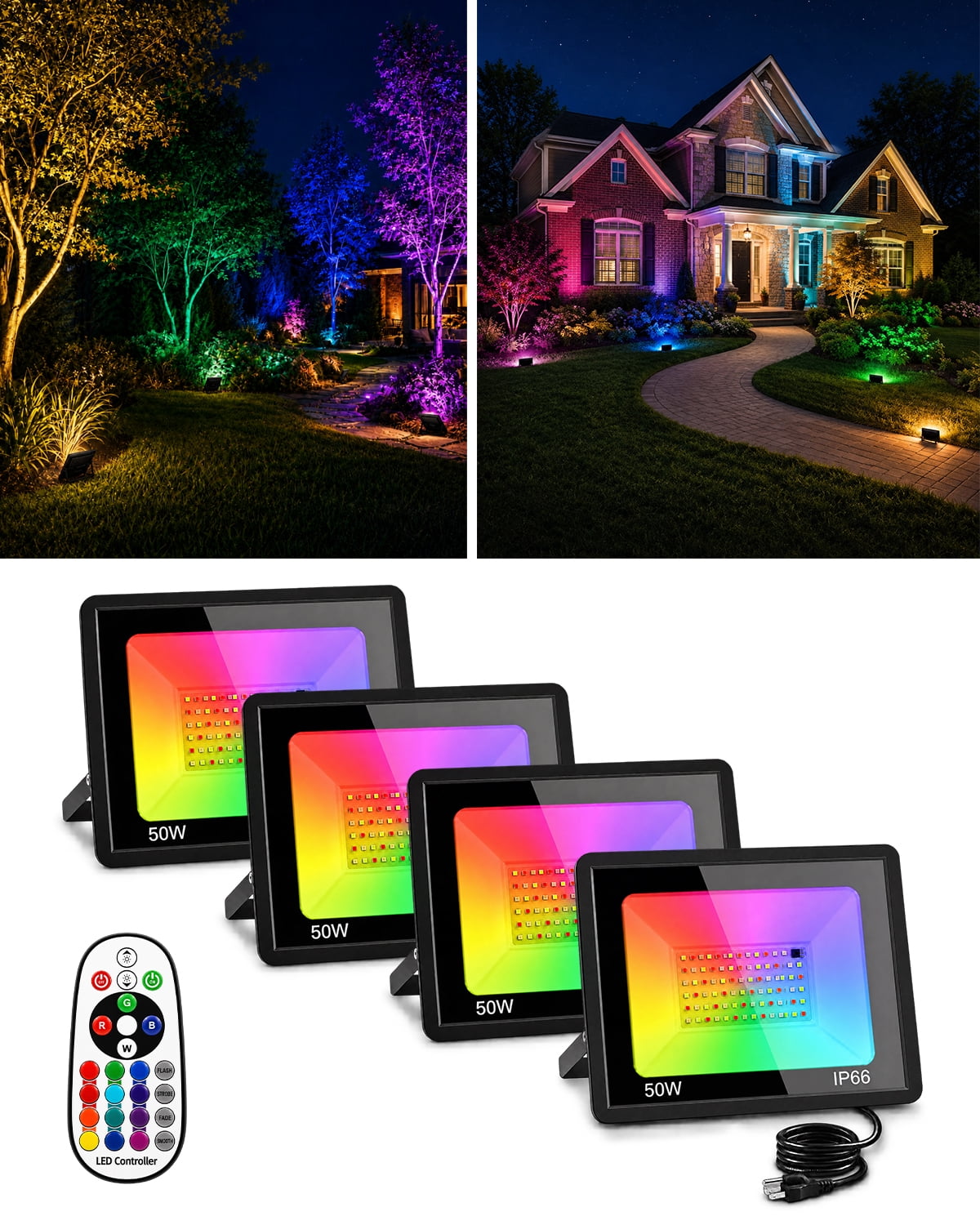 Landscape Led Color 4 pack 50W RGBW LED Floodlights, 500W Equi Color Changing with Remote ...