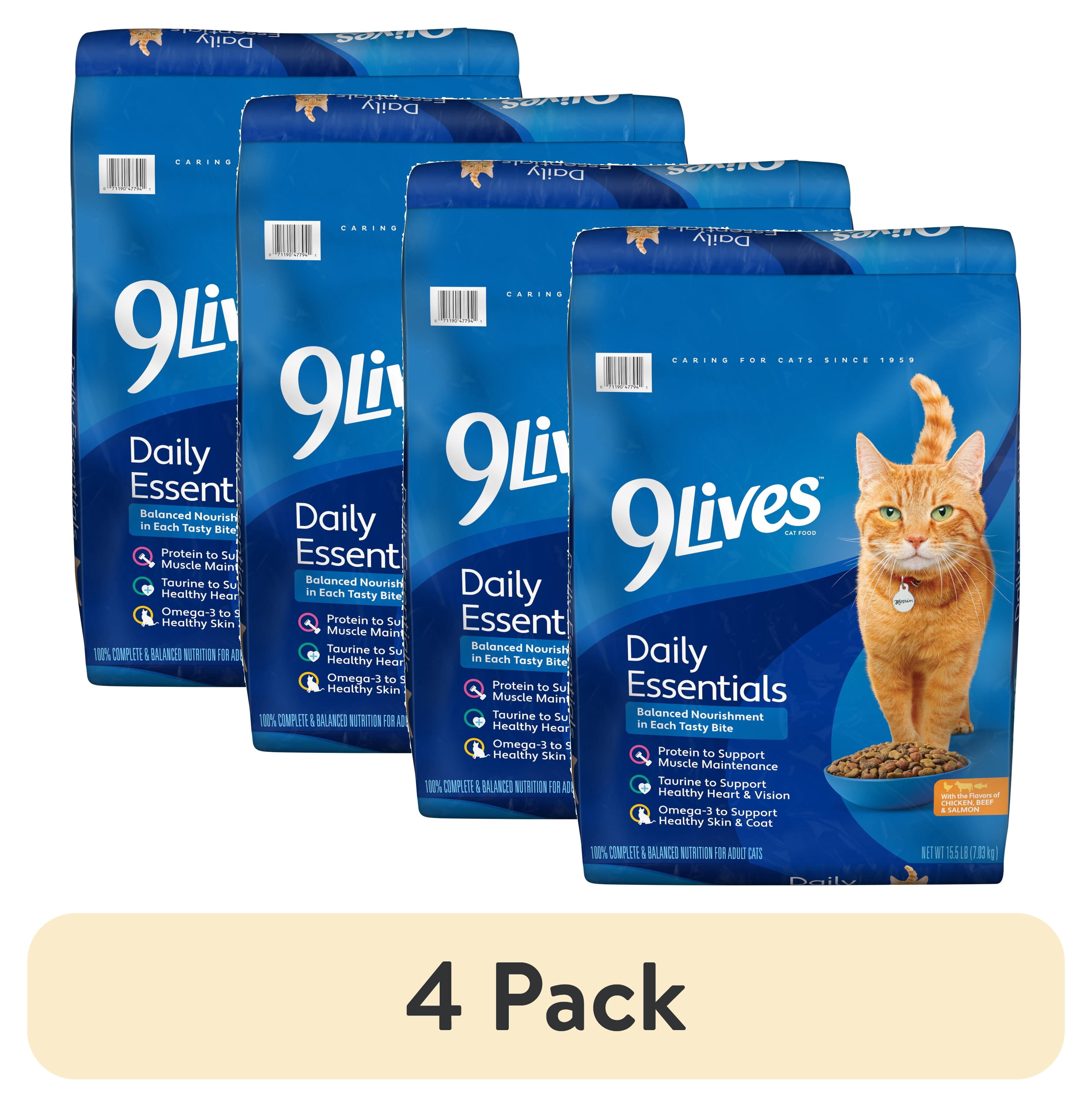 (4 pack) 9Lives Daily Essentials Dry Cat Food for Adult Cats with Chicken, Beef & Salmon, 15.5 lb. Bag