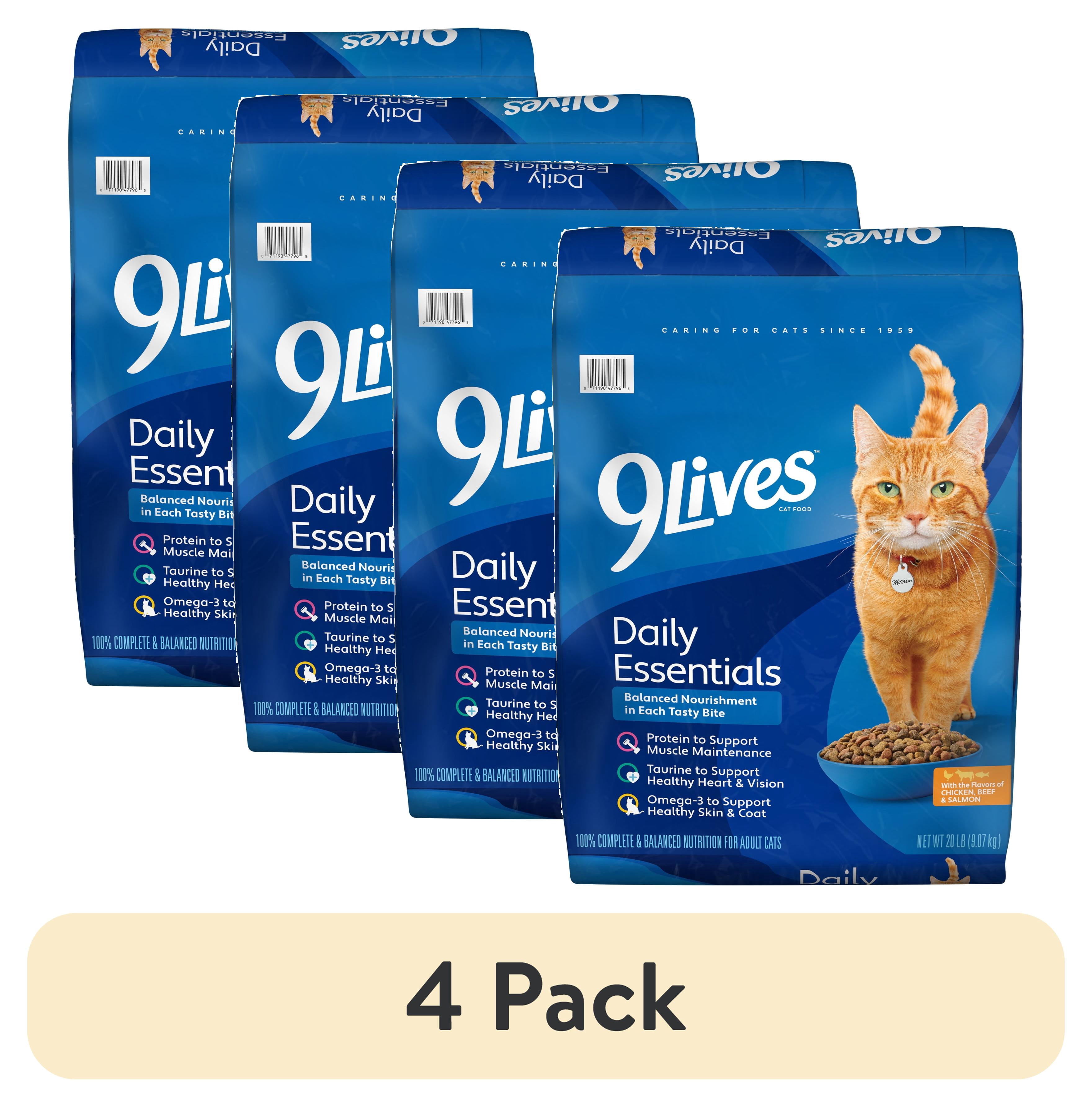 (4 pack) 9Lives Daily Essentials Dry Cat Food for Adult Cats with Chicken, Beef & Salmon, 20 lb. Bag
