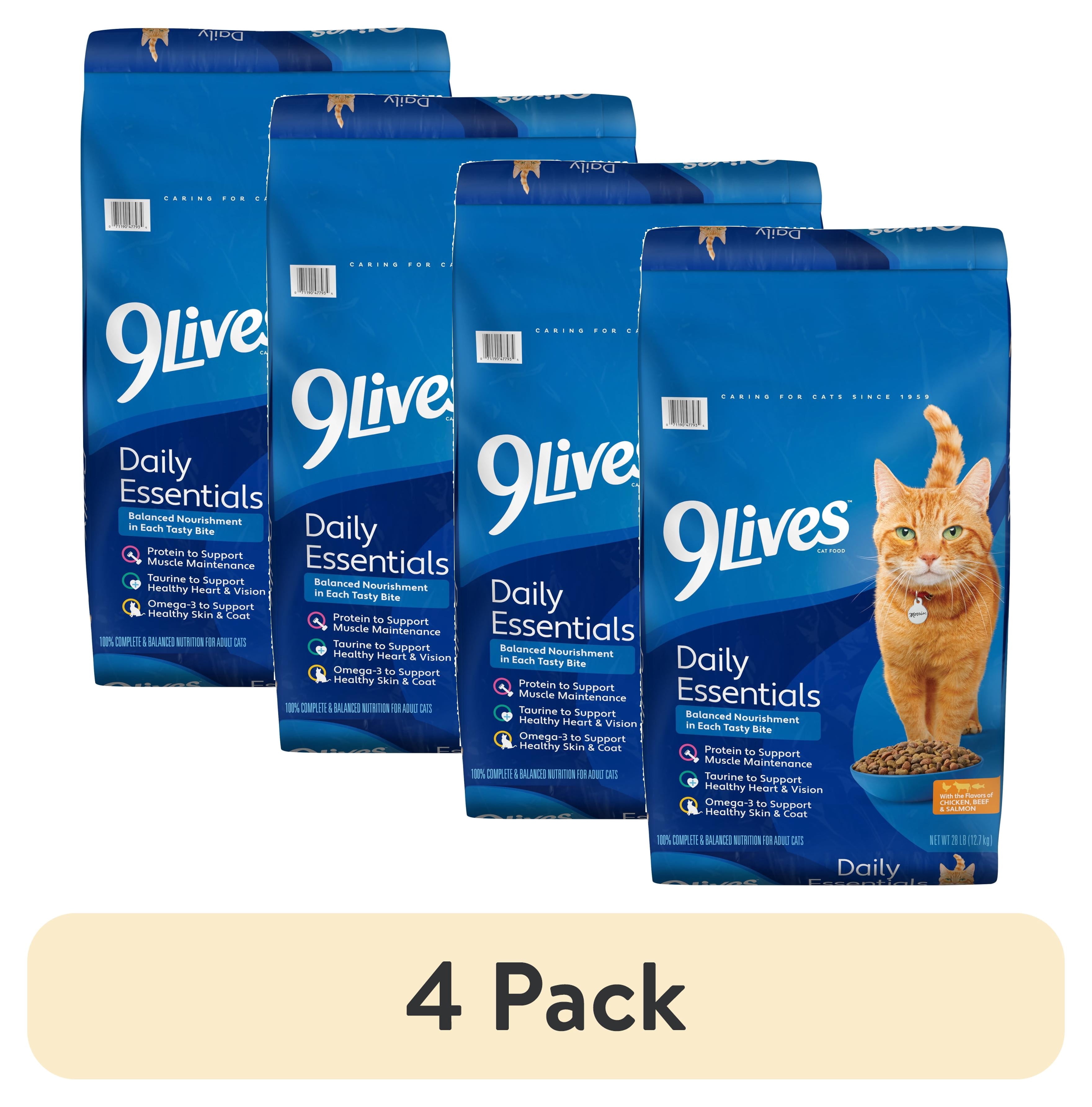 (4 pack) 9Lives Daily Essentials Dry Cat Food for Adult Cats with Chicken, Beef & Salmon, 28 lb. Bag