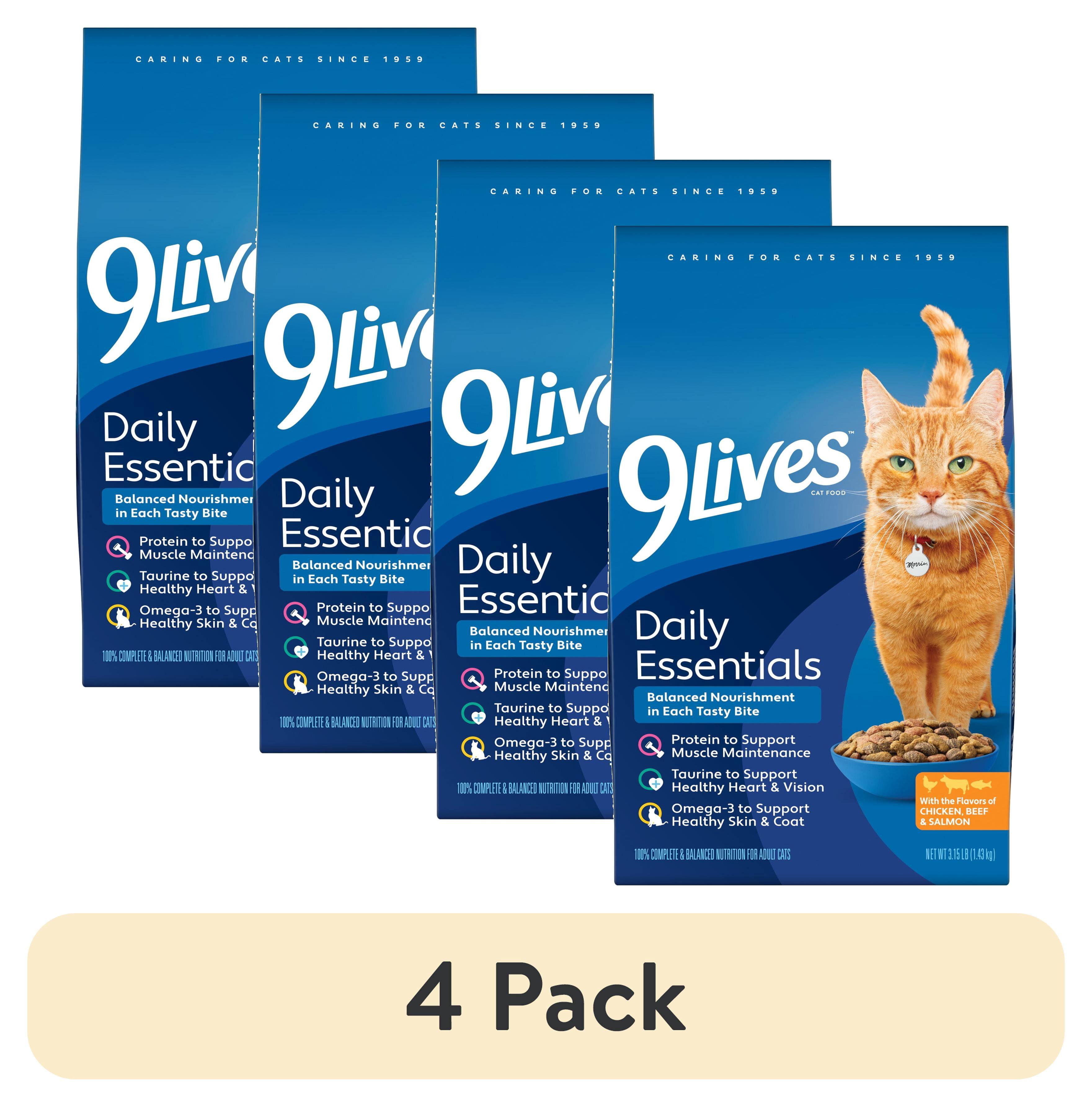 (4 pack) 9Lives Daily Essentials Dry Cat Food with Chicken, Beef & Salmon Flavors, 3.15 lb. Bag