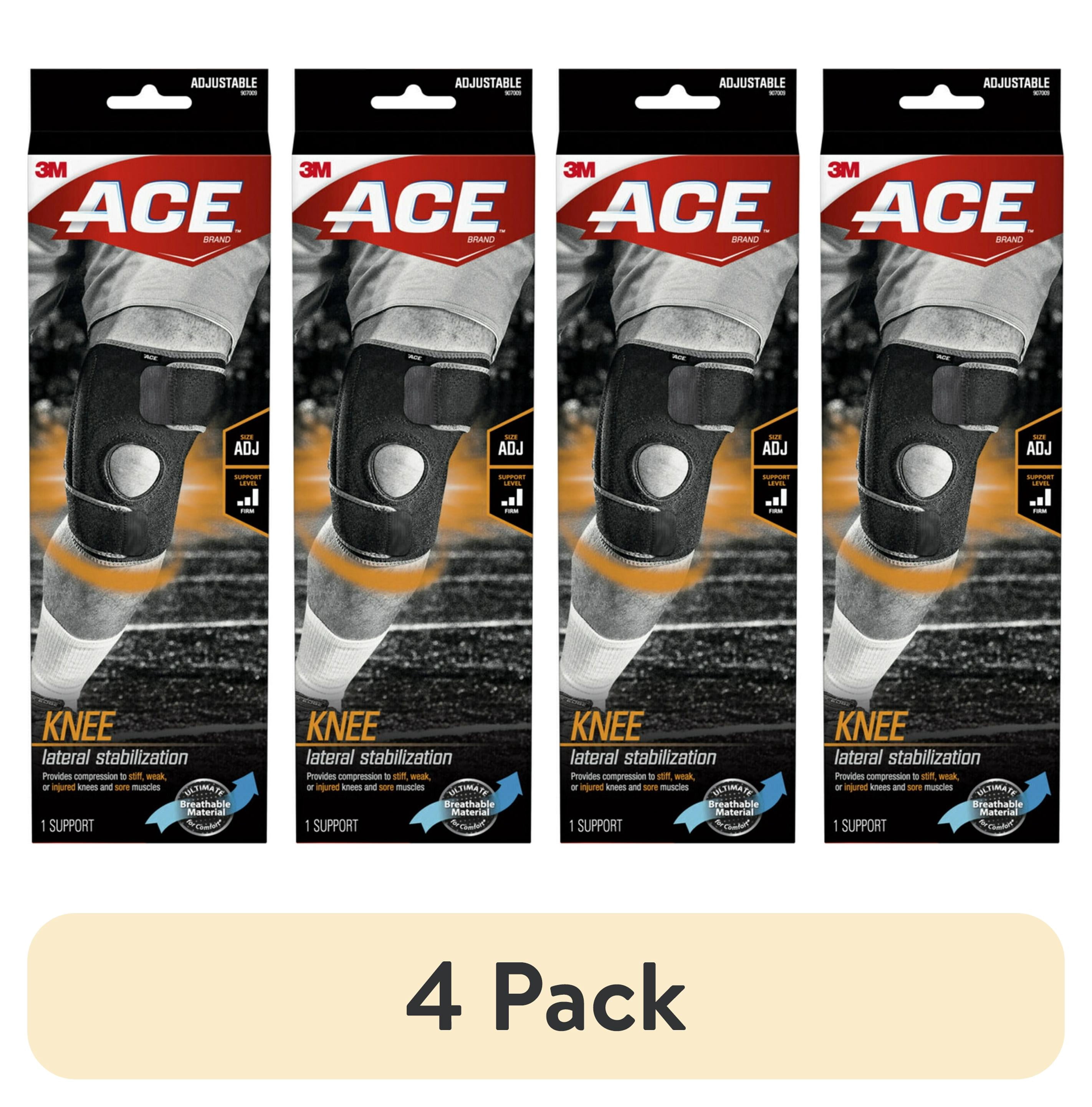 (4 pack) ACE Brand Knee Support with Side Stabilizers, Adjustable, Black/Gray, 1 Support