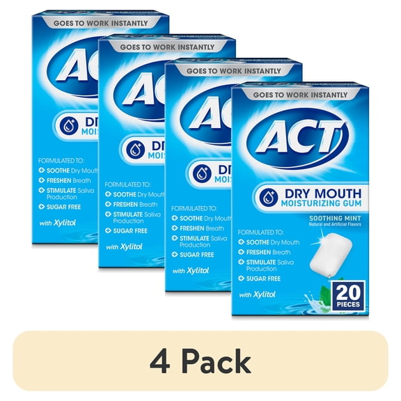(4 pack) ACT Dry Mouth Moisturizing Gum With Xylitol, Soothing Mint, 20 ct.