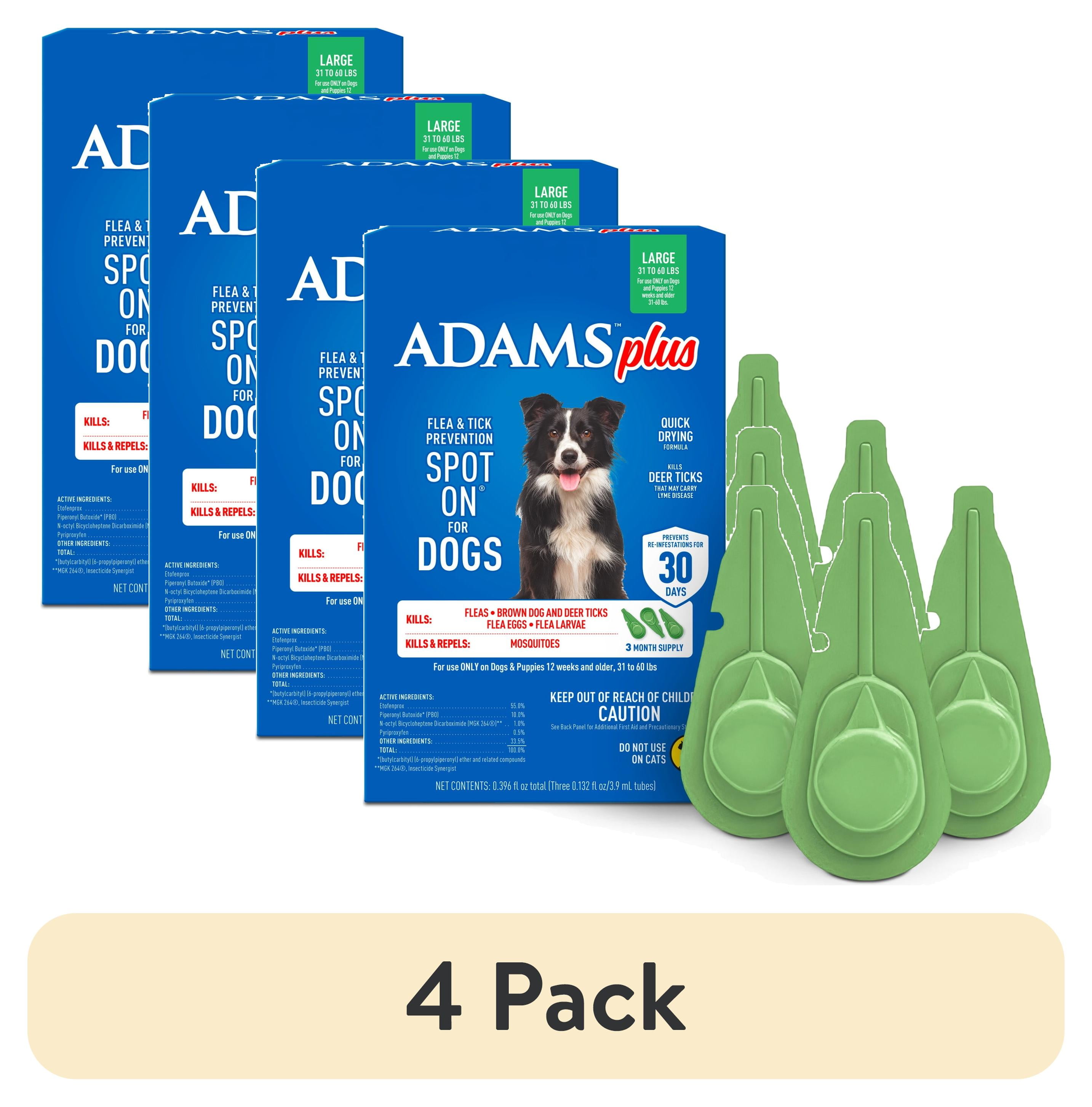 (4 pack) ADAMS Plus Flea & Tick Prevention Spot On for Dogs, Large Dogs, Kills Fleas & Ticks (Brown Dog/Deer Ticks), Kills and Repels Mosquitoes, Prevents Flea Infestations, 3-Month Supply, 3 pack