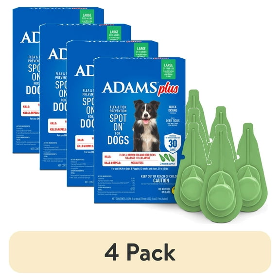 (4 pack) ADAMS Plus Flea & Tick Prevention Spot On for Dogs, Large Dogs, Kills Fleas & Ticks (Brown Dog/Deer Ticks), Kills and Repels Mosquitoes, Prevents Flea Infestations, 3-Month Supply, 3 pack