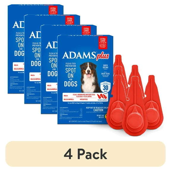 (4 pack) ADAMS Plus Flea & Tick Prevention Spot On for Dogs, Extra Large Dogs, Kills Fleas & Ticks (Brown Dog/Deer Ticks), Kills and Repels Mosquitoes, Prevents Flea Infestations, 3-Month Supply, 3 pack