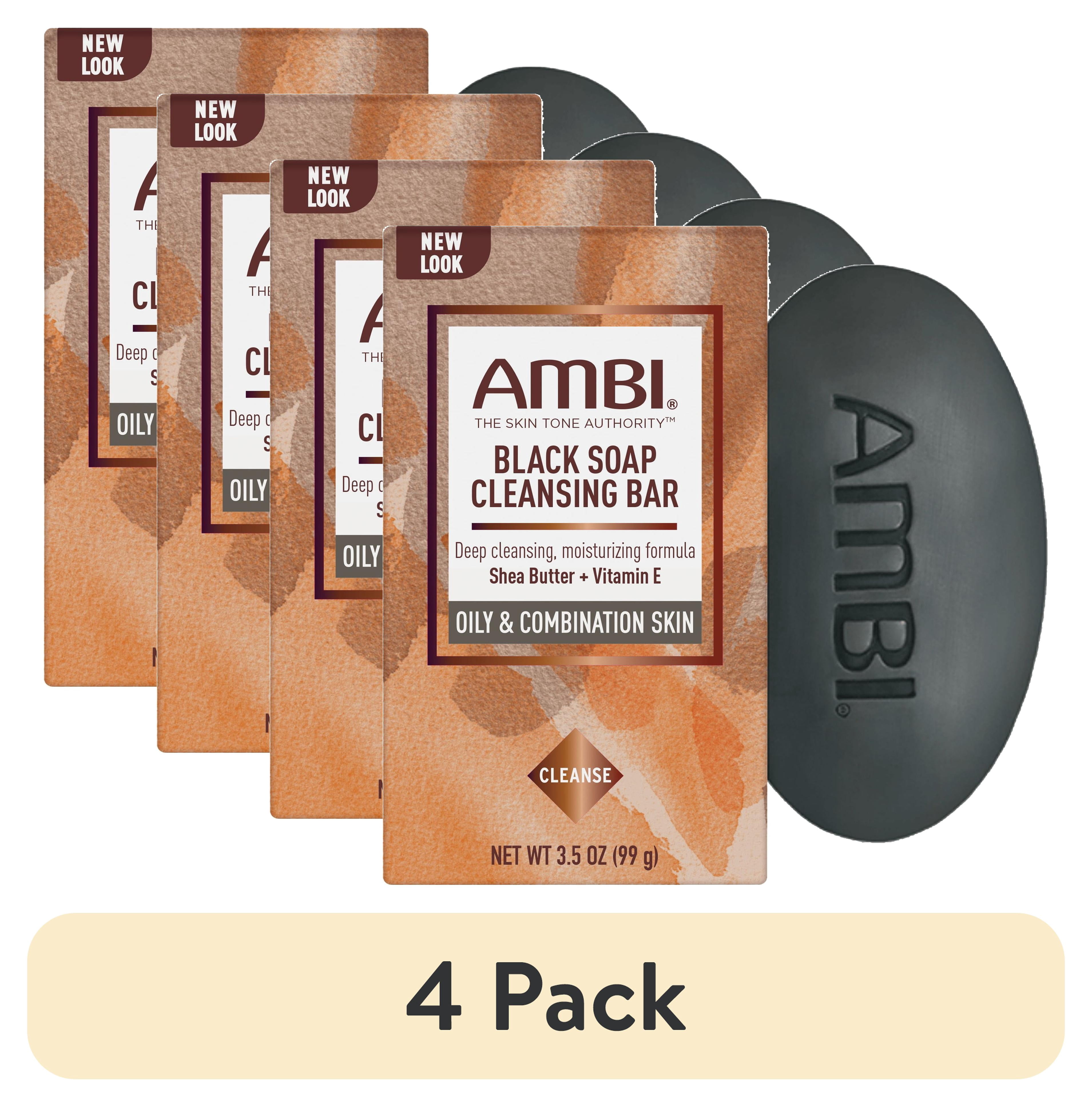 (4 pack) Ambi Black Soap Cleansing Bar, Deep Cleansing, Moisturizing Formula with Shea Butter + Vitamin E for Oily & Combination Skin, 3.5 OZ