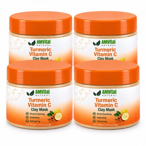 (4 pack) AMVital Turmeric & Vitamin C Clay Mask, 5.29 oz (150 g) – Deep Cleansing, Hydrating and Refreshing Face Mask for All Skin Types