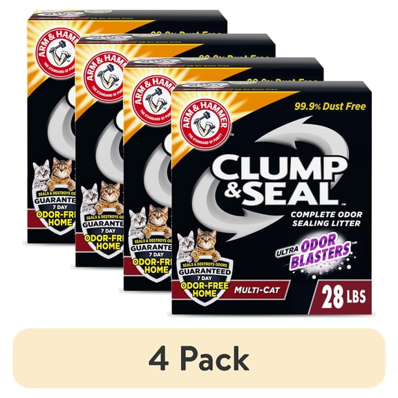 (4 pack) ARM & HAMMER Clump & Seal Cat Litter with Ultra Odor Blasters, Multi-Cat Formula, Scented, 28 lbs