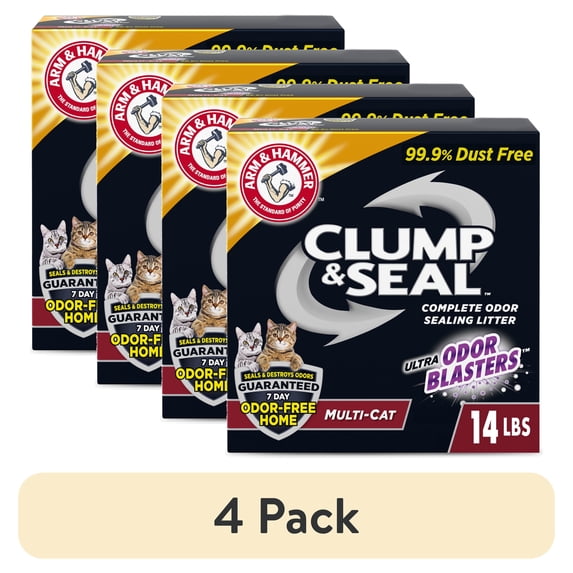 (4 pack) ARM & HAMMER Clump & Seal Multi-Cat Complete Odor Sealing Clumping Cat Litter, 14 lb