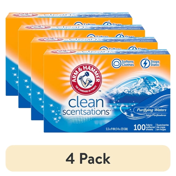 (4 pack) ARM & HAMMER Fabric Softener Sheets, 100 sheets, Purifying Waters