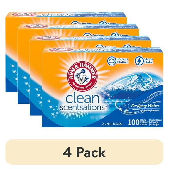 (4 pack) ARM & HAMMER Fabric Softener Sheets, 100 sheets, Purifying Waters